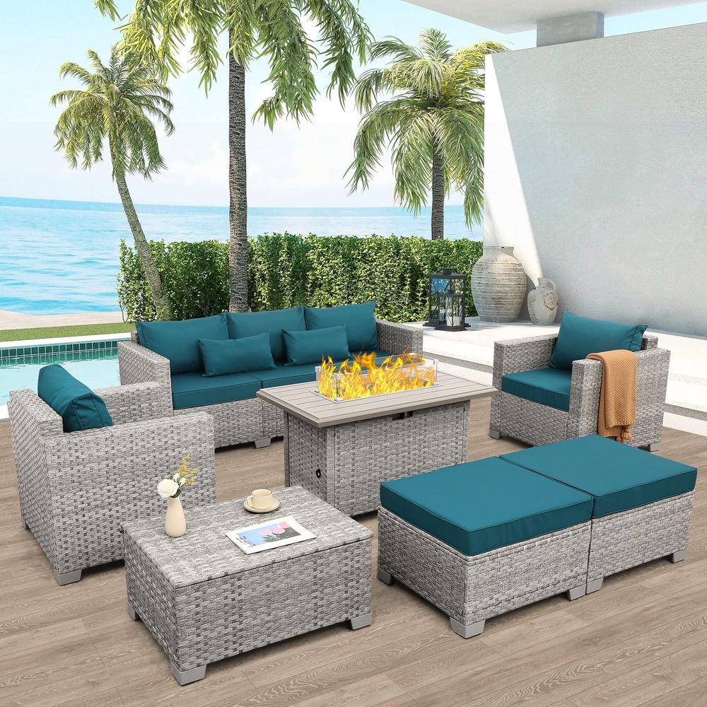 Outdoor Furniture And Fire Pit - 6-Piece Grey Wicker Outdoor Patio Furniture
