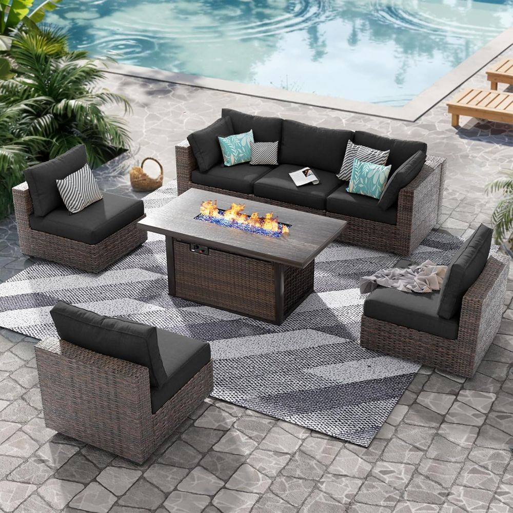 Outdoor Furniture And Fire Pit - 7-Piece Outdoor Wicker Sectional Patio Furniture